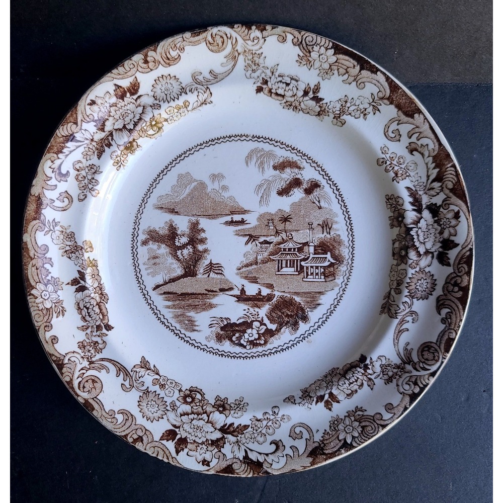Antique Brown White‎ Transferware Ironstone Plate Oriental Landscape Stamped